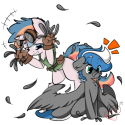 Size: 5000x5000 | Tagged: safe, artist:frowfrow, oc, oc:cloud zapper, oc:dr.miles, pegasus, pony, unicorn, artificial hands, chest fluff, clothes, duo, feather, grooming, heterochromia, kneeling, preening, spread wings, wings