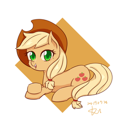 Size: 2100x2084 | Tagged: safe, artist:kill5555, applejack, earth pony, pony, g4, abstract background, cute, female, high res, jackabetes, looking at you, mare, open mouth, pixiv, prone, solo