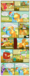 Size: 612x1552 | Tagged: safe, artist:newbiespud, edit, edited screencap, screencap, apple bloom, applejack, big macintosh, granny smith, rainbow dash, spike, twilight sparkle, dragon, pony, unicorn, comic:friendship is dragons, fall weather friends, g4, angry, barrel, cheering, clothes, comic, dialogue, face down ass up, female, filly, flower, freckles, hat, looking back, male, mare, onomatopoeia, raised hoof, running, sad, scarf, screencap comic, sitting, stallion, unicorn twilight, unshorn fetlocks