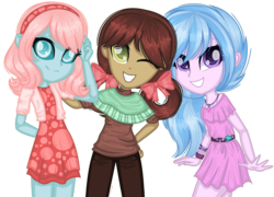 Size: 1053x759 | Tagged: safe, artist:fantarianna, ocellus, silverstream, yona, equestria girls, g4, blue hair, bow, bracelet, braid, brown hair, clothes, cute, diaocelles, diastreamies, dress, equestria girls-ified, hair bow, headband, jewelry, necklace, pink hair, shirt, simple background, skirt, transparent background, yonadorable
