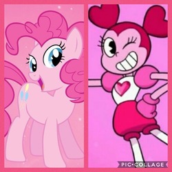 Size: 1080x1080 | Tagged: safe, pinkie pie, earth pony, gem (race), pony, g4, spoiler:steven universe, spoiler:steven universe: the movie, comparison, default spinel, duo, duo female, female, gem, mare, one eye closed, pac-man eyes, pink, spinel, spinel (steven universe), spoilers for another series, steven universe, steven universe: the movie, wink