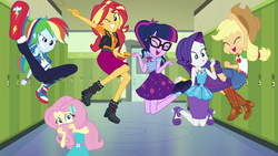 Size: 1920x1080 | Tagged: safe, screencap, applejack, fluttershy, rainbow dash, rarity, sci-twi, sunset shimmer, twilight sparkle, do it for the ponygram!, equestria girls, equestria girls series, g4, spoiler:eqg series (season 2), applejack's hat, canterlot high, clothes, converse, cowboy hat, cute, female, geode of fauna, geode of shielding, geode of super speed, geode of telekinesis, group photo, happy, hat, jumping, magical geodes, pencil skirt, photo, pose, rarity peplum dress, selfie, shoes, shy, shyabetes, skirt, twiabetes