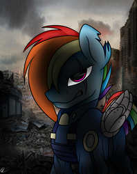 Size: 3800x4800 | Tagged: safe, artist:tobyqu33n123, rainbow dash, pegasus, pony, g4, alternate timeline, amputee, angry, apocalypse dash, artificial wings, augmented, building, clothes, crystal war timeline, eye scar, female, gritted teeth, mare, prosthetic limb, prosthetic wing, prosthetics, scar, torn ear, wings