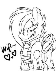 Size: 3800x4800 | Tagged: safe, artist:tobyqu33n123, rainbow dash, pegasus, pony, g4, alternate timeline, amputee, angry, apocalypse dash, artificial wings, augmented, clothes, crystal war timeline, eye scar, female, gritted teeth, lineart, mare, monochrome, prosthetic limb, prosthetic wing, prosthetics, scar, torn ear, wings, wip