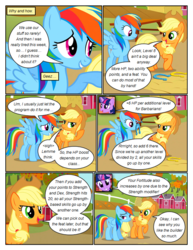 Size: 612x792 | Tagged: safe, artist:newbiespud, edit, edited screencap, screencap, applejack, rainbow dash, twilight sparkle, earth pony, pegasus, pony, unicorn, comic:friendship is dragons, fall weather friends, g4, annoyed, barn, comic, dialogue, female, freckles, frown, grin, hat, haystack, horseshoes, mare, raised hoof, screencap comic, smiling, unicorn twilight
