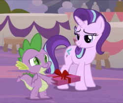 Size: 402x338 | Tagged: safe, screencap, spike, starlight glimmer, dragon, pony, unicorn, g4, the last problem, leak, cropped, female, male, mare, present, winged spike, wings