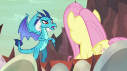 Size: 1920x1080 | Tagged: safe, screencap, fluttershy, princess ember, dragon, pegasus, pony, g4, sweet and smoky, dragon egg, dragoness, duo, egg, female, mare, pointing