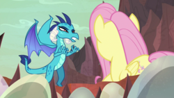 Size: 1920x1080 | Tagged: safe, screencap, fluttershy, princess ember, dragon, pegasus, pony, g4, sweet and smoky, dragon egg, dragoness, duo, female, mare, narrowed eyes