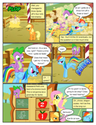Size: 612x792 | Tagged: safe, artist:newbiespud, edit, edited screencap, screencap, applejack, fluttershy, rainbow dash, spike, dragon, earth pony, pegasus, pony, comic:friendship is dragons, fall weather friends, g4, abuse, chalk drawing, comic, dialogue, dragons riding ponies, dust, eyes closed, female, freckles, grin, hat, haystack, kicking, male, mare, onomatopoeia, rearing, riding, riding a pony, scoreboard, screencap comic, slit pupils, smiling, spike riding rainbow dash, spikeabuse, traditional art, unamused