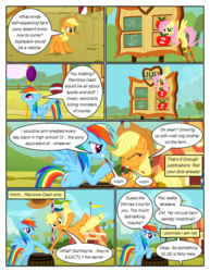 Size: 612x792 | Tagged: safe, artist:newbiespud, edit, edited screencap, screencap, applejack, fluttershy, rainbow dash, earth pony, pegasus, pony, comic:friendship is dragons, fall weather friends, g4, arm wrestling, chalk drawing, comic, dialogue, eyes closed, female, flower in mouth, flying, grin, hat, lasso, mare, mouth hold, rearing, rope, rose, rose in mouth, scoreboard, screencap comic, smiling, sweat, traditional art