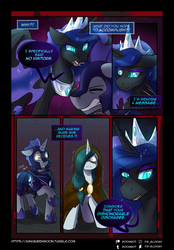 Size: 2298x3298 | Tagged: safe, artist:cosmalumi, nightmare moon, oc, oc:bright eyes, alicorn, pony, unicorn, tumblr:ask queen moon, g4, comic, eye clipping through hair, eyes closed, female, high res, male, mare, night guard, slit pupils, stallion