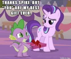 Size: 402x338 | Tagged: safe, edit, edited screencap, screencap, spike, starlight glimmer, dragon, g4, the last problem, leak, cropped, female, male, mare, present, ship:sparlight, shipping, straight, winged spike, wings