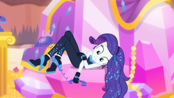 Size: 1920x1080 | Tagged: safe, screencap, rarity, do it for the ponygram!, equestria girls, g4, my little pony equestria girls: better together, the other side, bare shoulders, blooper, bodysuit, clothes, cute, female, gloves, high heels, phone, raribetes, rotary phone, shoes, sleeveless, solo, strapless, tangled up, telephone cord, the other side bloopers, unitard