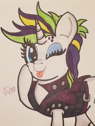 Size: 1675x2233 | Tagged: safe, artist:iffoundreturntorarity, rarity, pony, g4, alternate hairstyle, cute, female, one eye closed, punk, rarara, raribetes, raripunk, silly, solo, tongue out, traditional art, wink