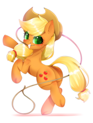 Size: 683x900 | Tagged: safe, artist:snow angel, applejack, earth pony, pony, g4, blushing, cowboy hat, cute, female, green eyes, hat, jackabetes, lasso, looking at you, looking back, looking back at you, mare, mouth hold, rearing, rope, simple background, white background