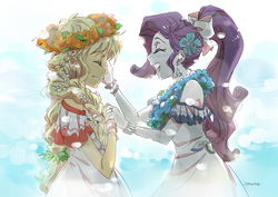Size: 2556x1806 | Tagged: safe, artist:5mmumm5, applejack, rarity, human, equestria girls, g4, anime style, bracelet, clothes, crying, cute, dress, ear piercing, earring, female, floral head wreath, flower, flower in hair, happy, holding hands, jackabetes, jewelry, lei, lesbian, marriage, piercing, ponytail, pretty, raribetes, ring, ship:rarijack, shipping, smiling, touching face, wedding, wedding ring