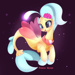 Size: 900x900 | Tagged: safe, artist:snow angel, princess skystar, seapony (g4), g4, my little pony: the movie, blue eyes, blue mane, blushing, bubble, clothes, cute, digital art, dorsal fin, female, fin wings, fins, fish tail, flower, flower in hair, flowing mane, flowing tail, freckles, glowing, jewelry, necklace, ocean, open mouth, pearl necklace, seaquestria, see-through, skyabetes, smiling, solo, swimming, tail, underwater, water, wings