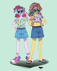 Size: 1659x2064 | Tagged: safe, artist:5mmumm5, pinkie pie, sunset shimmer, equestria girls, g4, belly button, belt, clothes, converse, duo, female, front knot midriff, glasses, hawaiian shirt, midriff, sandals, shirt, shoes, shorts, sneakers