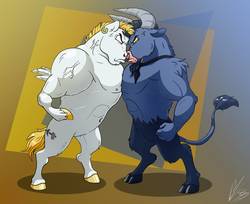 Size: 989x808 | Tagged: safe, artist:lupiarts, artist:snoopystallion, bulk biceps, iron will, minotaur, pegasus, pony, g4, angry, collaboration, comic sins, digital art, duo, duo male, fist, funny, looking at each other, male, male nipples, muscles, nipples, nudity, rivalry, showing off, stallion, strong, vein
