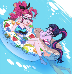 Size: 1605x1630 | Tagged: safe, artist:5mmumm5, pinkie pie, sci-twi, twilight sparkle, equestria girls, equestria girls series, g4, anime, bow, bracelet, clothes, donut, duo, duo female, feet, female, floating, floaty, food, fruit, glasses, inner tube, jewelry, laughing, legs, peace sign, ponytail, swimming, swimsuit