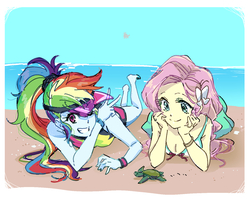Size: 1466x1167 | Tagged: safe, artist:5mmumm5, fluttershy, rainbow dash, human, turtle, equestria girls, g4, baby turtle, barefoot, beach, breasts, cleavage, clothes, duo, feet, female, ocean, peace sign, prone, sand, sea turtle, smiling, swimsuit, the pose, visor