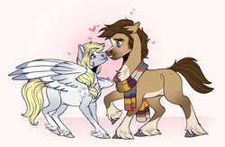 Size: 2223x1447 | Tagged: safe, artist:eperyton, derpy hooves, doctor whooves, time turner, earth pony, pegasus, pony, g4, alternate design, blushing, boop, chest fluff, clothes, eye contact, female, heart, key, looking at each other, male, mare, noseboop, pale belly, scarf, ship:doctorderpy, shipping, smiling, stallion, straight, tongue out, unshorn fetlocks