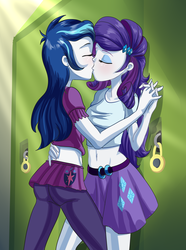 Size: 1524x2048 | Tagged: safe, artist:thebrokencog, rarity, shining armor, equestria girls, alumna gleaming shield, ass, belly button, belt, breasts, butt, clothes, commission, commissioner:alkonium, cutie mark on clothes, equestria guys, female, gleaming shield, half r63 shipping, holding hands, infidelity, infidelity armor, kissing, leggings, lesbian, lockers, midriff, miniskirt, pleated skirt, rariarmor, rarigleam, rule 63, shipping, skirt, thighs