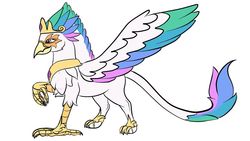 Size: 1024x576 | Tagged: safe, artist:zafurra, princess celestia, griffon, g4, colored wings, colored wingtips, crown, female, griffonized, jewelry, peytral, raised leg, regalia, simple background, solo, species swap, white background, wings