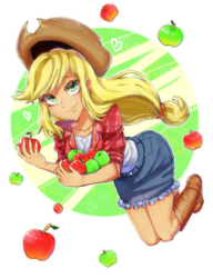 Size: 1000x1300 | Tagged: safe, artist:おから＊ほん, applejack, equestria girls, g4, anime, apple, female, food, looking at you, pixiv, solo