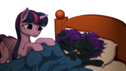 Size: 1920x1080 | Tagged: safe, artist:vasillium, twilight sparkle, oc, oc:nox (rule 63), oc:nyx, alicorn, pony, g4, adorable face, adorkable, alicorn oc, bed, bedroom, bedsheets, blanket, brother, brother and sister, closed mouth, colt, cute, cutie mark, daughter, diabetes, dork, eyelashes, eyes closed, eyes open, family, female, filly, foal, happy, heartwarming, horn, indoors, like mother like daughter, like mother like son, like parent like child, looking, lying down, lying on bed, male, mare, mother, mother and daughter, mother and son, motherly love, nostrils, nyxabetes, on back, open mouth, parent and child, parent and foal, pillow, prince, princess, prone, r63 paradox, raised hoof, royalty, rule 63, rule63betes, self paradox, self ponidox, siblings, simple background, sister, sleeping, sleeping together, sleepy, smiling, snoring, son, stars, sweet, sweet dreams fuel, tired, transparent background, tucking in, twilight sparkle (alicorn), twins, wall of tags, wings, yawn