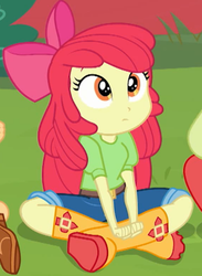 Size: 762x1040 | Tagged: safe, screencap, apple bloom, equestria girls, equestria girls series, g4, holidays unwrapped, spoiler:eqg series (season 2), adorabloom, boots, cropped, crossed legs, cute, grass, offscreen character, shoes, sitting, solo focus
