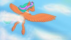 Size: 1024x576 | Tagged: safe, artist:zafurra, oc, oc only, oc:summer breeze, pegasus, pony, cloud, female, flying, jewelry, lidded eyes, looking back, mare, necklace, pearl necklace, sky, smiling, solo, spread wings, underhoof, wings