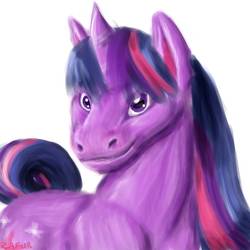 Size: 894x894 | Tagged: safe, artist:zafurra, twilight sparkle, pony, unicorn, g4, bust, female, hoers, looking at you, simple background, smiling, solo, white background