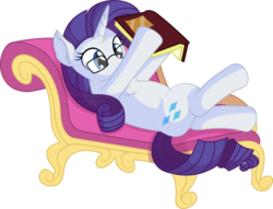 Size: 7468x5708 | Tagged: safe, artist:cyanlightning, rarity, pony, unicorn, g4, .svg available, absurd resolution, adorkable, book, chest fluff, cute, cutie mark, dork, ear fluff, fainting couch, female, glasses, mare, meganekko, nerd, on back, rarara, raribetes, reading, simple background, smiling, solo, transparent background, vector