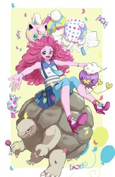 Size: 900x1380 | Tagged: safe, artist:puri__kyua, pinkie pie, drifloon, golem (pokémon), jigglypuff, equestria girls, g4, my little pony equestria girls: friendship games, crossover, cute, diapinkes, female, necktie, pokémon