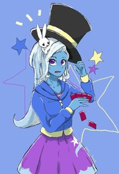 Size: 689x1000 | Tagged: safe, artist:puri__kyua, trixie, rabbit, equestria girls, g4, animal, card, clothes, cute, female, hat, hoodie, skirt, solo, top hat