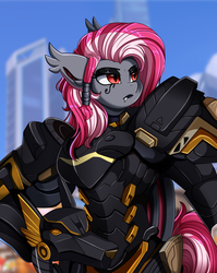 Size: 2550x3209 | Tagged: safe, artist:pridark, oc, oc:miabat, bat pony, anthro, armor, bat pony oc, bust, clothes, commission, cosplay, costume, female, high res, overwatch, pharah, solo, video game crossover