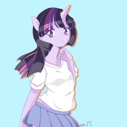 Size: 2048x2048 | Tagged: safe, artist:moh_mlp2, twilight sparkle, human, anthro, g4, blue background, clothes, cute, female, high res, horn, horned humanization, humanized, looking at you, miniskirt, moe, pleated skirt, shirt, simple background, skirt, solo