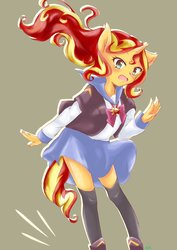Size: 1448x2048 | Tagged: safe, artist:moh_mlp2, sunset shimmer, human, anthro, g4, blushing, boots, clothes, cute, female, horn, horned humanization, humanized, shoes, skirt, skirt lift, socks, solo, thigh highs, zettai ryouiki