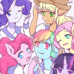 Size: 2048x2048 | Tagged: safe, artist:moh_mlp2, applejack, fluttershy, pinkie pie, rainbow dash, rarity, twilight sparkle, human, anthro, g4, cute, female, high res, horn, horned humanization, humanized, mane six, no pupils, one eye closed, wink