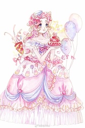Size: 986x1479 | Tagged: safe, artist:菥栎ririko, pinkie pie, human, g4, balloon, cake, clothes, dress, female, food, humanized, solo