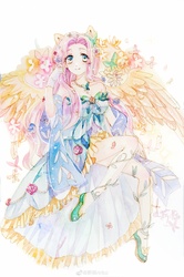 Size: 3599x5416 | Tagged: safe, artist:菥栎ririko, fluttershy, human, g4, clothes, dress, female, humanized, looking at you, solo, winged humanization, wings