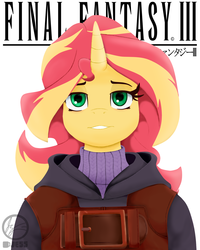 Size: 1600x2000 | Tagged: safe, artist:jessesmash32, sunset shimmer, unicorn, anthro, g4, bust, clothes, crossover, female, final fantasy, final fantasy iii, smiling, solo, sweater