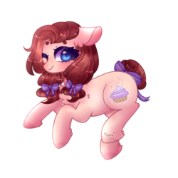 Size: 1280x1280 | Tagged: safe, artist:moon-rose-rosie, oc, oc only, oc:chocolate sprinkles, earth pony, pony, chest fluff, ear fluff, looking at you, offspring, one eye closed, parent:cheese sandwich, parent:pinkie pie, parents:cheesepie, ribbon, simple background, solo, transparent background