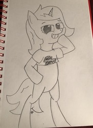 Size: 640x881 | Tagged: safe, artist:dafiltafish, oc, oc:stardust, pony, bipedal, bottomless, clothes, mountain dew, mtn dew, partial nudity, pencil drawing, shirt, traditional art