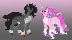Size: 1195x669 | Tagged: safe, artist:teatoffee, oc, oc only, classical unicorn, pegasus, pony, unicorn, brother and sister, chest fluff, cloven hooves, colored hooves, curved horn, duo, fangs, female, gradient background, horn, leonine tail, male, not cadance, not sombra, offspring, parent:king sombra, parent:princess cadance, parents:somdance, red eyes, siblings, unshorn fetlocks