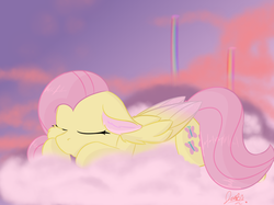 Size: 2834x2125 | Tagged: safe, artist:jubyskylines, fluttershy, pegasus, pony, g4, cloud, colored ears, colored wings, colored wingtips, cute, eyes closed, female, floppy ears, folded wings, high res, mare, on a cloud, prone, rainbow, rainbow waterfall, shyabetes, sky, sleeping, solo, two toned wings, wings