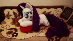 Size: 400x225 | Tagged: safe, artist:ponimalion, rainbow dash, rarity, g4, animated, bed, bedroom eyes, duo, duo female, female, heart, heart pillow, irl, jumping, life size, photo, pillow, plushie, youtube, youtube link