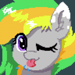 Size: 384x384 | Tagged: safe, artist:bitassembly, oc, oc only, oc:odd inks, pegasus, pony, animated, bust, cute, female, mare, one eye closed, pixel art, portrait, raspberry, silly face, simple background, solo, tongue out, wink