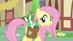 Size: 1920x1080 | Tagged: safe, screencap, angel bunny, fluttershy, pony, rabbit, g4, she talks to angel, animal, duo, female, looking at each other, male, mare, potion, saddle bag, vial
